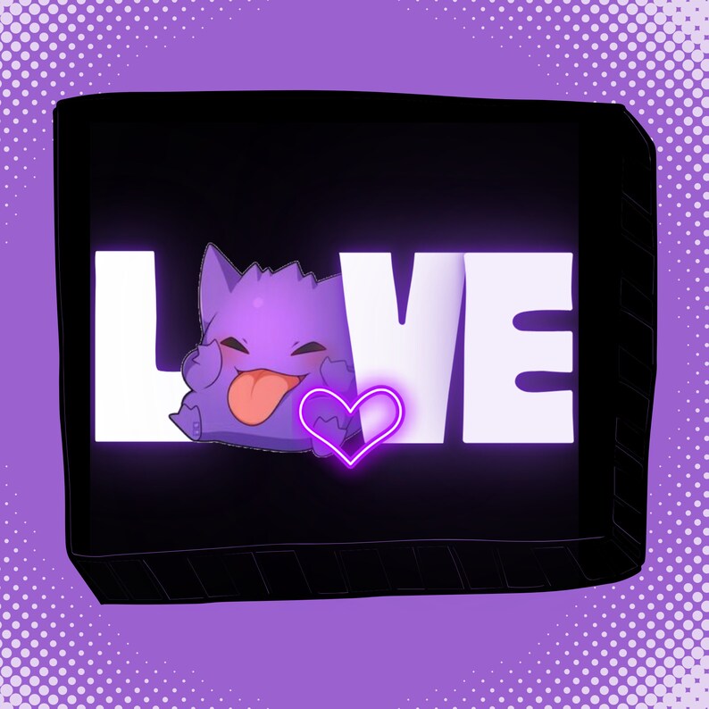 May include: A black and white graphic with the word "LOVE" in large white letters. A purple cartoon character with a pink heart is in the middle of the word.