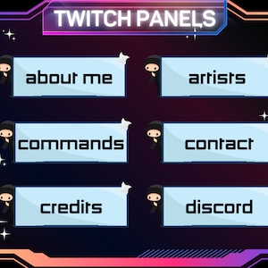 Könnte beinhalten: Sechs blaue Twitch-Panels mit weißem Text und einem Cartoon-Ninja, der von der Seite jedes Panels herausschaut. Die Panels lauten "Über mich", "Künstler", "Befehle", "Kontakt", "Credits" und "Discord".