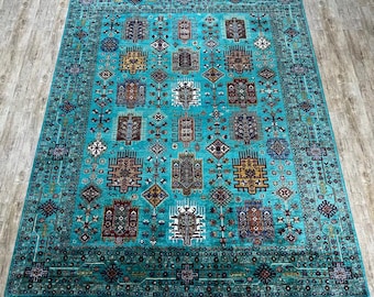 Afghan handwoven rug: 8x10feet turquoise rug, hand knotted in Afghanistan ...