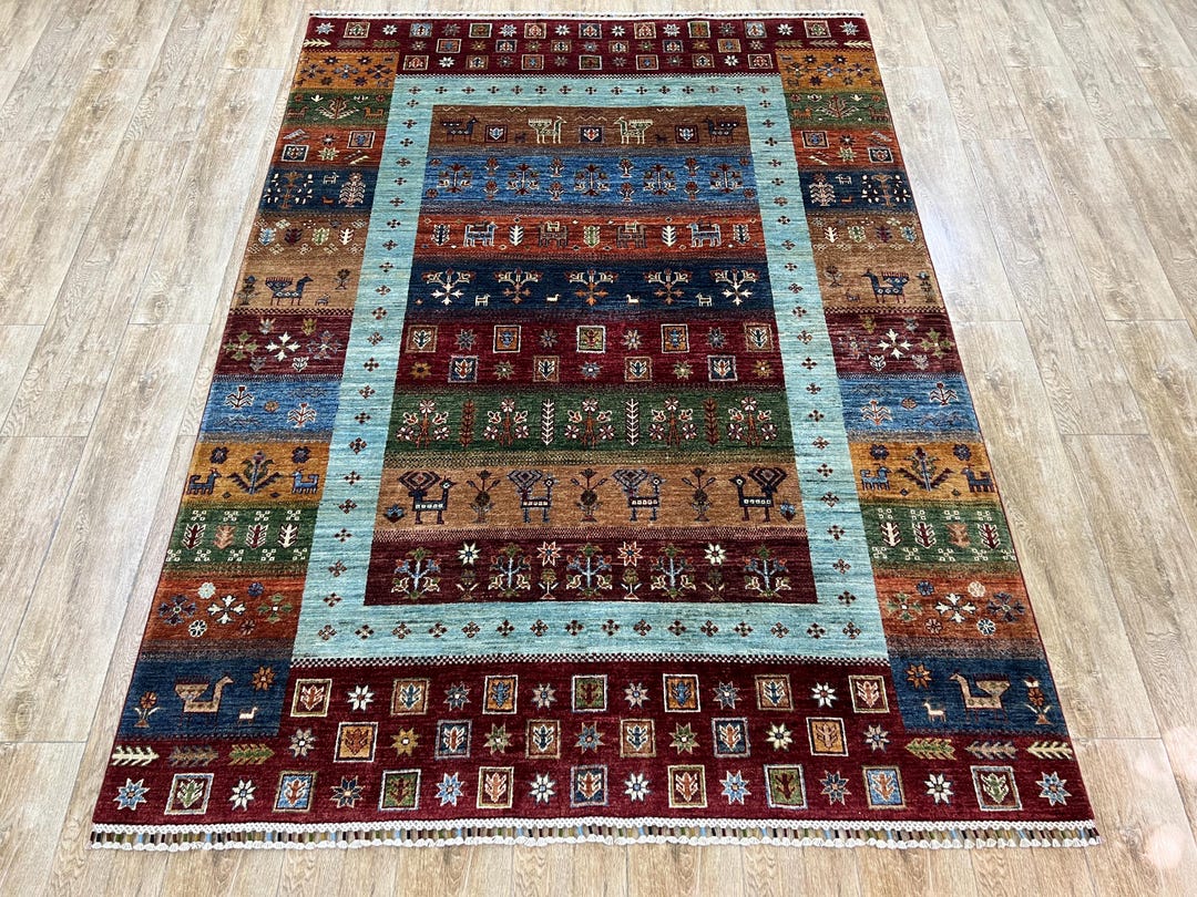 Hand Knotted Pictorial Rug: 6x8ft Modern Turquoise Carpet, Handwoven in ...