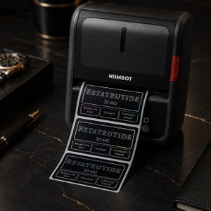May include: A black Niimbot label printer dispensing a strip of black labels with white text. Each label reads RETATRUTIDE 20 MG, RESEARCH USE ONLY, 99% PURITY, and LYOPHILIZED POWDER. The printer features a red release button on the side.