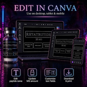 Peptide Vial Labels for Research Labs | Editable Canva Template | Digital Download