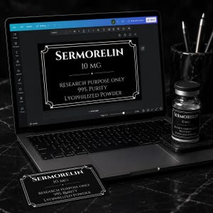 May include: A laptop screen displaying a label design for Sermorelin 10 mg, alongside a small glass vial and a printed card featuring the same text: Sermorelin, 10 mg, Research Purpose Only, 99% Purity, Lyophilized Powder, in a black and white layout.