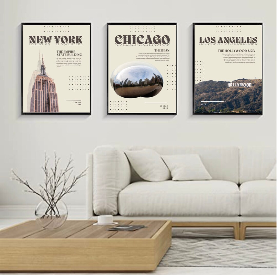 Travel Posters Set of 3 Big City New York NYC Chicago Los Angeles LA ...