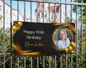 Personalisierte 60. Geburtstag Banner: Schwarz & Gold Vinyl Hintergrund