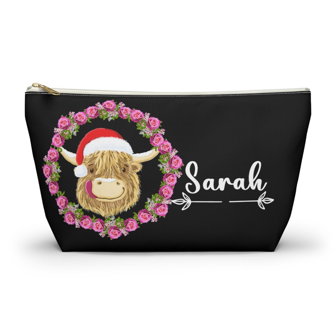 Make-up-Tasche Mit Highland-Kuh Motiv – Personalisierbar, 22,9x17,8 Cm, Leinen, Wasserdicht