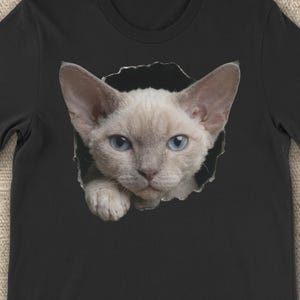 Whimsical Devon Rex Cat Blue Eyes Peeking Through Unisex T-Shirt