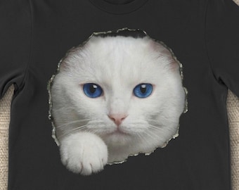 Stunning White Cat Blue Eyes Peeking Through Unisex T-Shirt