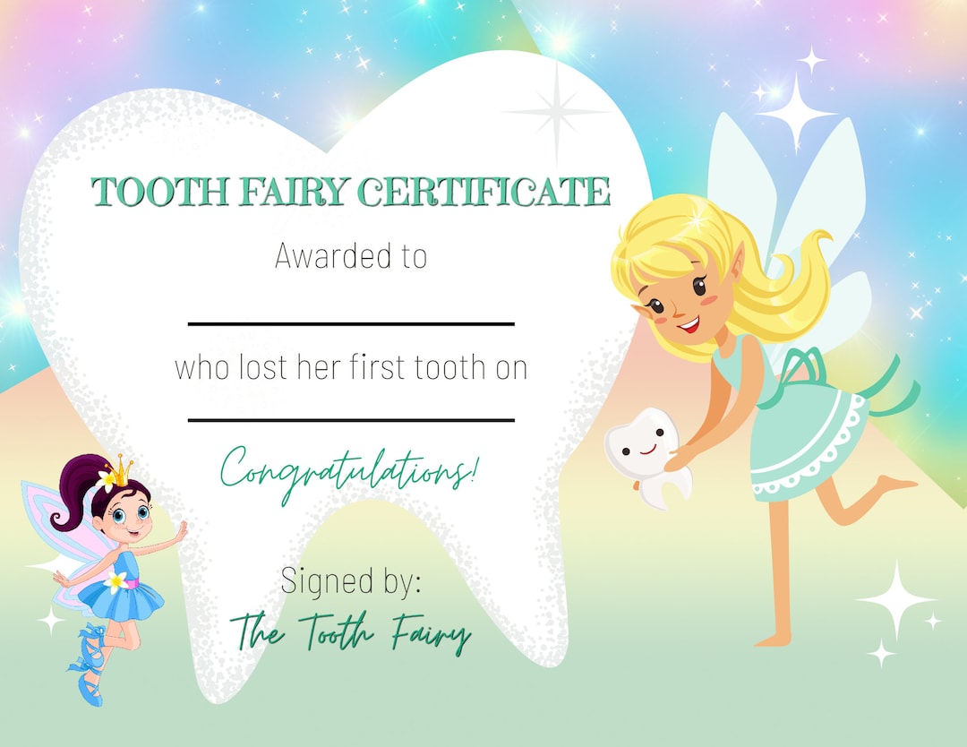 Tooth Fairy Certificate for Girls Lost Tooth Tooth Fairy Printable PNG
