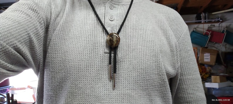 Pu&ograve; includere: Un bolo tie nero con un ciondolo rotondo in pietra marrone e bianca. Il ciondolo ha un bordo in metallo argentato. Il bolo tie &egrave; indossato da una persona che indossa una camicia grigia a nido d'ape.