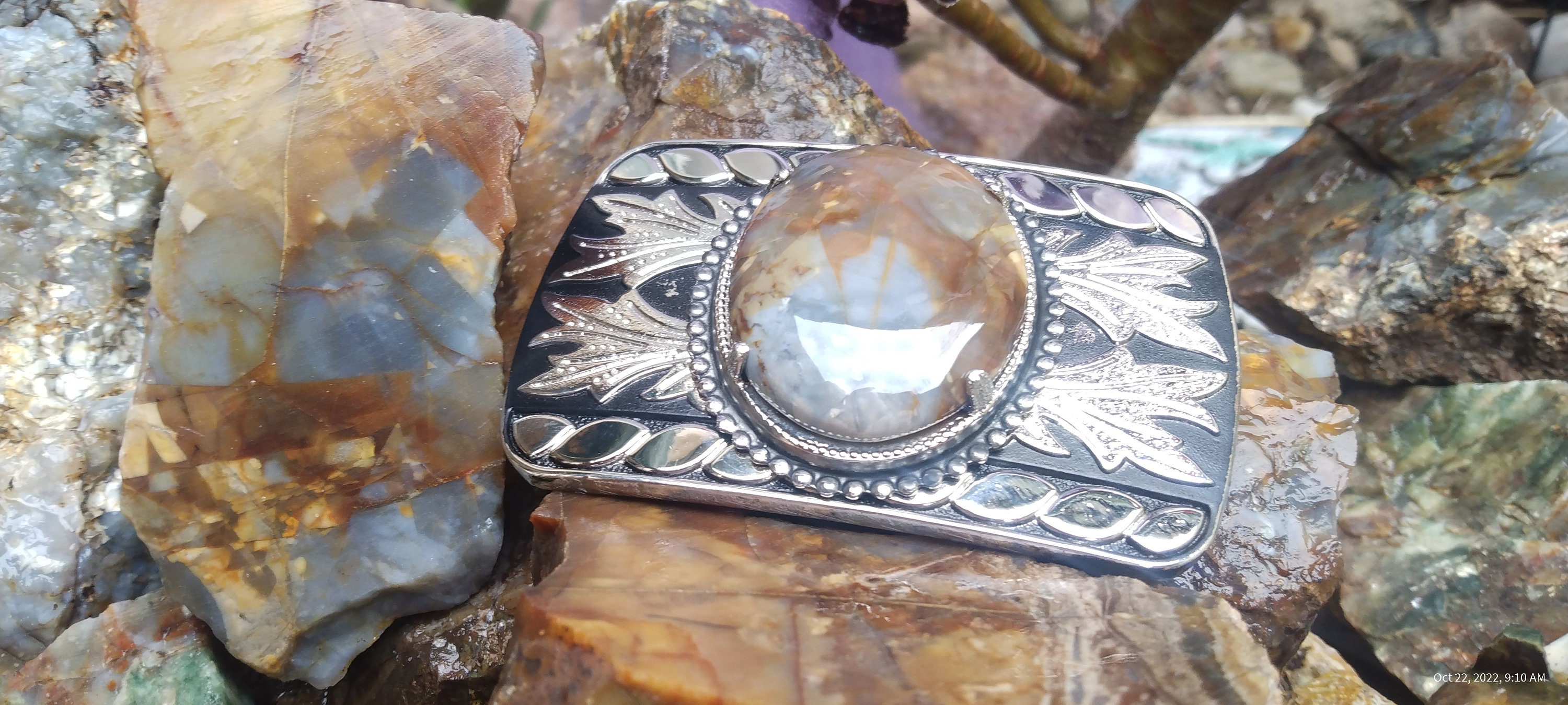 Mojave scenic looking super rare California petrified wood belt buckle... New-cabochon vintage-buckle.
