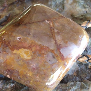May include: A brown and white agate stone bolo tie with a leather cord. The stone is polished and has a smooth surface.