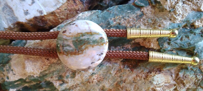 May include: A brown leather bolo tie with a round, white, green, and brown agate stone pendant. The ends of the tie have gold metal tips.