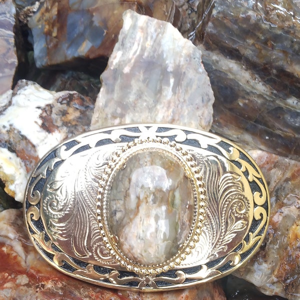 Petrified wood belt buckle