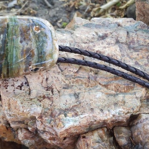 Può includere: Un bolo tie con un grande ciondolo in agata verde, marrone e bianco. Il bolo tie è realizzato con un cordoncino in pelle marrone con punte dorate.