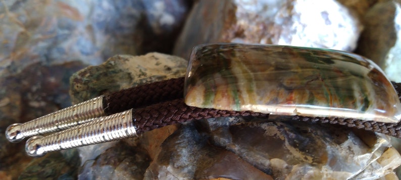 May include: A bolo tie featuring a rectangular, polished stone with brown, green, and red hues. The stone is set on a silver-toned metal base, paired with a braided brown cord and silver tips. A unique accessory.