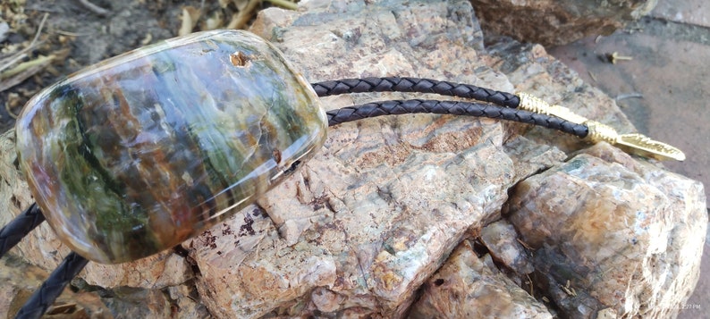 May include: A bolo tie with a large, multi-colored agate stone as the centerpiece. The stone has shades of brown, green, and blue. The bolo tie cord is black leather.