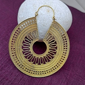 Boho Mandala Earrings, Ethnic Earrings, Tribal Gold Brass Earrings, Boho Jewelry, Hoop Bohemian Earrings, Gift For Women, Hoop Earrings
