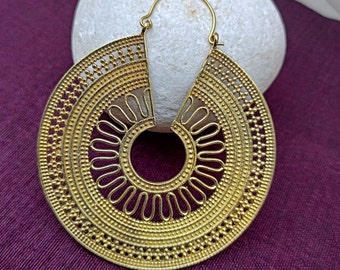 Boho Mandala Earrings, Ethnic Earrings, Tribal Gold Brass Earrings, Boho Jewelry, Hoop Bohemian Earrings, Gift For Women, Hoop Earrings
