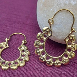 Brass Skull Earrings, Skull Huggie Hoop Earrings, Goth Earrings, Punk Jewelry, Halloween Earrings, Skeleton Head Earrings