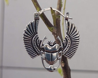 Scarab Beetle Ancient Egypt Large Gold Hoop Earrings | Boho Gypsy Spiritual Protection Symbol Jewelry | Egyptian Scarab Dangle Earrings