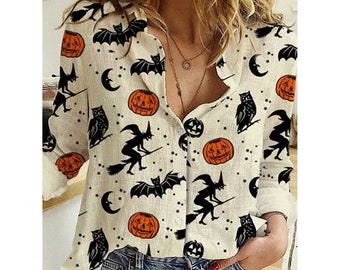 Womens Halloween Pumpkin Bat Print Long Sleeve O-Neck Fall Funny Loose Shirt 