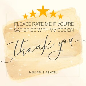 Pode incluir: Um fundo de aquarela com cinco estrelas amarelas e o texto "PLEASE RATE ME IF YOU'RE SATISFIED WITH MY DESIGN thank you MIRIAM'S PENCIL".