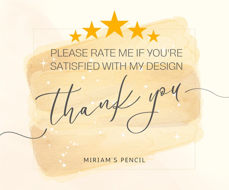 K&ouml;nnte beinhalten: Ein Aquarellhintergrund mit einer goldenen Sternenbewertung und dem Text "Bitte bewerten Sie mich, wenn Sie mit meinem Design zufrieden sind. Vielen Dank. Miriams Bleistift"