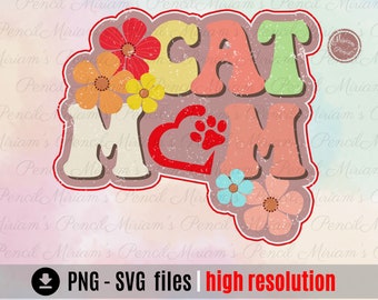 Retro Cat Mom PNG: Floral Sublimation Design (Digital Download)