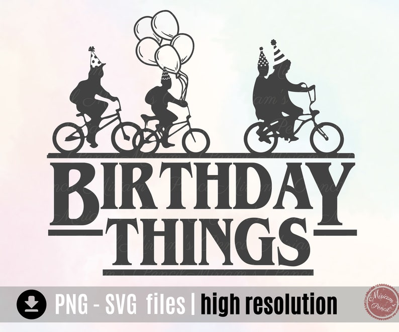 Pode incluir: Design em silhueta preto e branco de tr&ecirc;s crian&ccedil;as andando de bicicleta com chap&eacute;us de festa. As crian&ccedil;as est&atilde;o em fila com bal&otilde;es acima delas. O texto "Birthday Things" est&aacute; abaixo das crian&ccedil;as.