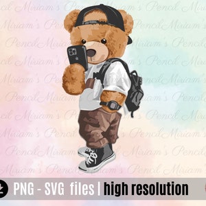 Teddy Bear PNG SVG, teddy bear selfie svg, teddy bear with bag, digital download, color t-shirt print, teddy bear in hat