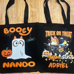Bluey Custom Halloween Tote Bag, Halloween Treat Bags, Booey Personalized, Bluey Halloween Treat or Trick, Bluey Halloween Gift