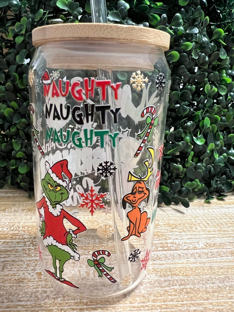 Grinch Christmas Cup Glass Cup With Lid and Straw Drink up Etsy