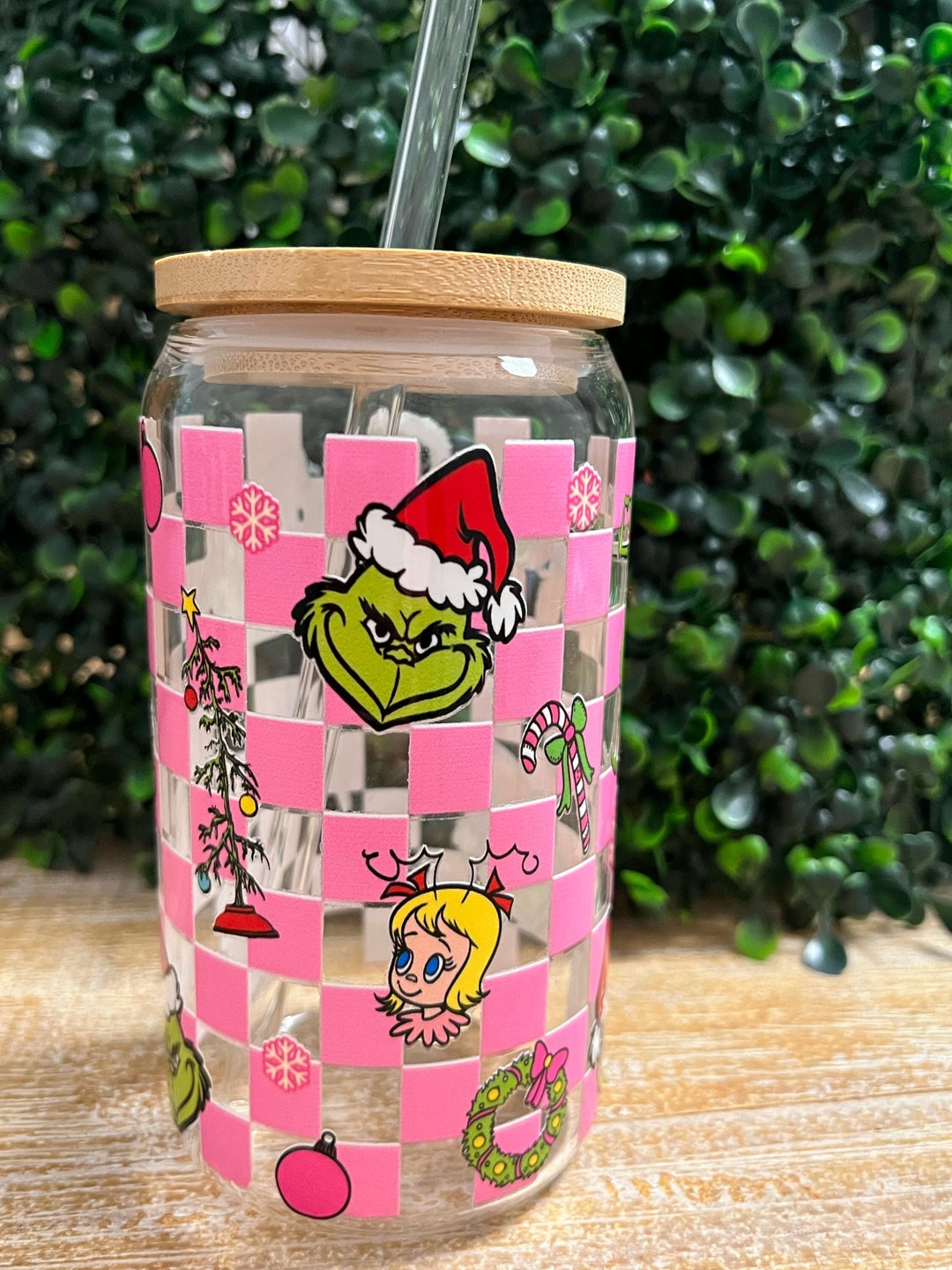 Grinch Christmas Cup, Glass Cup With Lid and Straw, Pink Grinch, Grinch Tumbler, Grinch Holiday