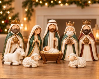 May include: A nativity set featuring figurines of Mary, Joseph, the baby Jesus in a manger, three kings, a donkey, and two sheep. The figures are dressed in robes of green, cream, and maroon, with gold crowns and accessories.