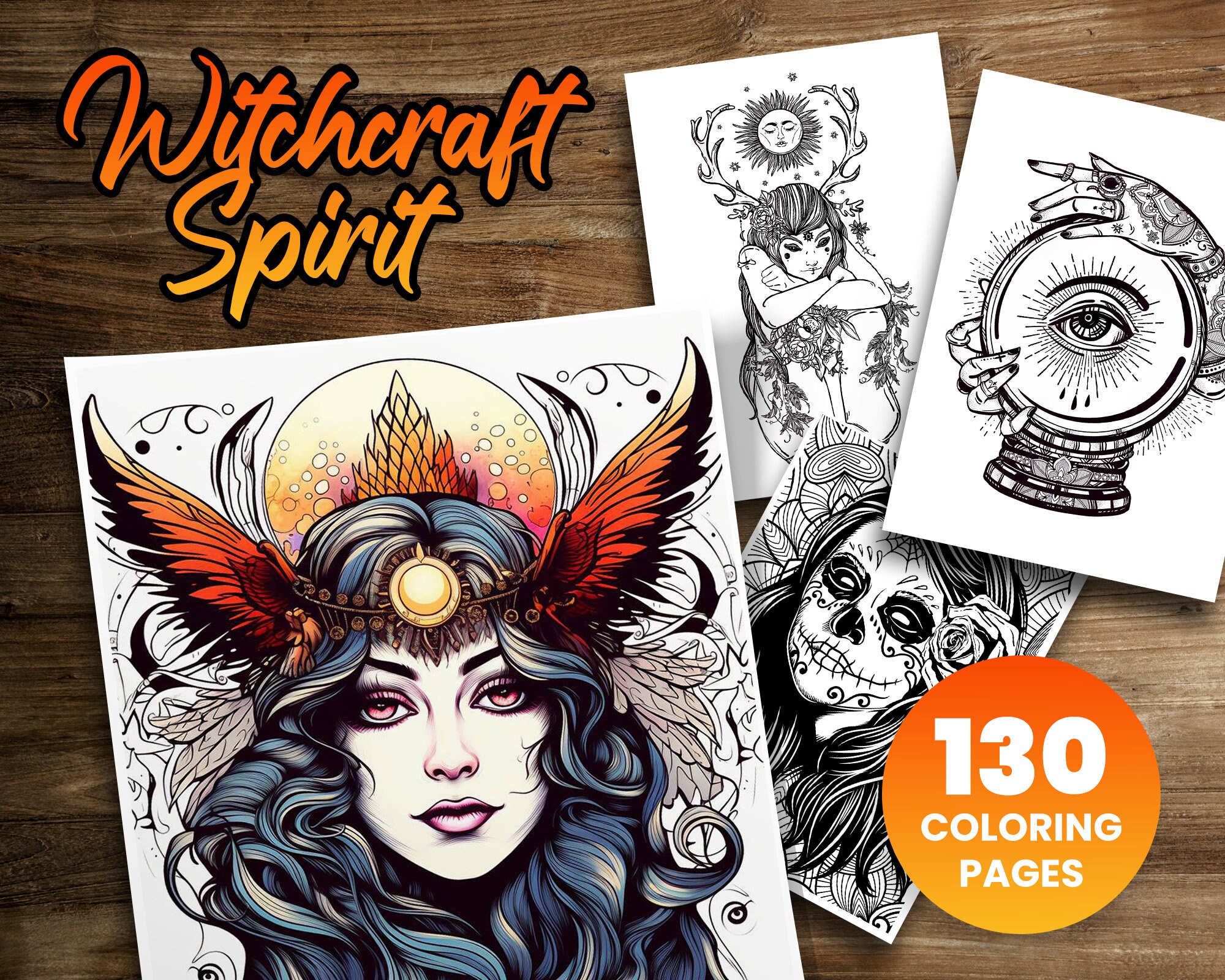 130 Witch Spirit Coloring Book, Adults Kids, Grayscale Coloring Page ...