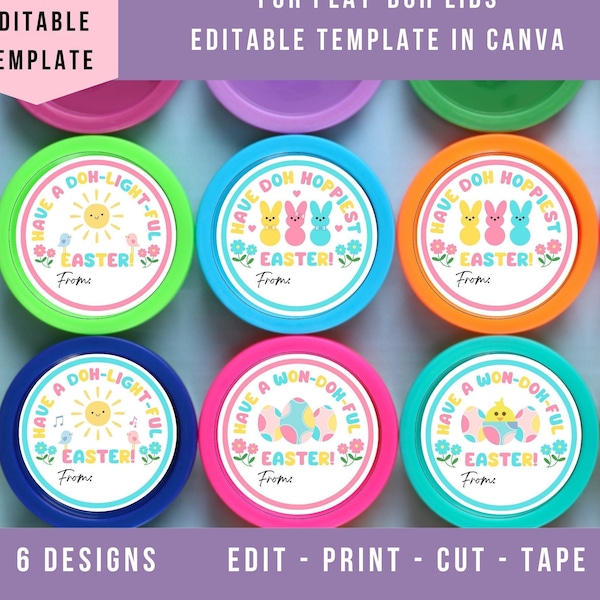 Easter Play Doh Lid Label | Happy Easter Round Gift Tag | 1.5" 2" 3" Tags | Easter Basket Gift Tag Instant Download Editable Canva Template