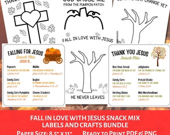 Può includere: Una collezione di etichette e lavori artigianali stampabili per mix di snack a tema religioso. I disegni includono una croce, una zucca e un albero, con testi come "Grato a Gesù". Formato carta: 21,6 cm x 27,9 cm.
