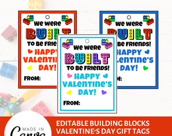 Editable Building Blocks Valentine Gift Tags | Classroom Valentine Gift Tags for Kids | Printable Valentine Cards for Kids | Bricks Gift Tag