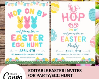 Easter Egg Hunt Invitation Template | Easter Party Invite Template | Editable Easter Invite | Digital Download | Hop On By Invite 5" x 7"