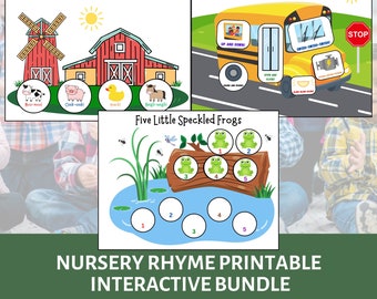 Nursery Rhyme Prop Bundle | 5 Little Speckled Frogs Old MacDonald The Wheels on the Bus | Nursery Rhyme Props for Kids Circle Time Activity