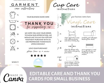 Bearbeitbare Tasse Vinyl Garment Care Card Bundle Anleitungskarten für kleine Unternehmen | Vorlage Pflege und Dankeskarten für kleine Unternehmen