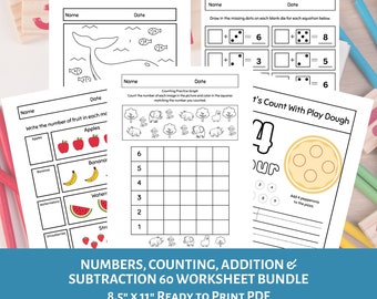 Utskrivbara arbetsblad med räkning och matematik för förskoleklass | Färglägg efter nummer | Play-Doh-mattor | Spåra tal | Addition och subtraktion