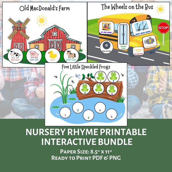 Nursery Rhyme Prop Bundle | 5 Little Speckled Frogs Old MacDonald The Wheels on the Bus | Nursery Rhyme Props for Kids Circle Time Activity