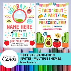 May include: Two printable graduation party invitations for preschoolers. The first invitation features a colorful 'Hooray!' design with a graduation cap and apples. The second invitation features a taco theme with a graduation cap on an avocado and a tomato. Both invitations include the text 'Name Here is graduating from Pre-K!' and 'Please join our celebration'.