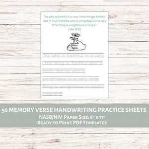 Conjunto de 56 hojas de práctica de escritura a mano imprimibles con versículos de memoria NASB NIV / Trabajo de copia de versículos bíblicos / Escuela dominical / Estudio bíblico en casa