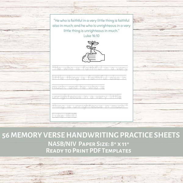 Set of 56 Memory Verse Printable Handwriting Practice Sheets NASB NIV | Bible Verse Copy Work | Sunday School | Homeschool Bible Study