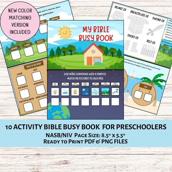 Bible Busy Book for Preschoolers 10 Activity Sheets | Church Busy Binder | Bible Study Activities | Toddler Homeschool Preschool