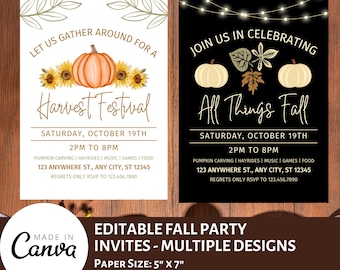 Può includere: Due inviti a tema autunnale con testo. Uno presenta una zucca e girasoli, l'altro zucche e foglie. Entrambi dicono "Harvest Festival" e "All Things Fall" con dettagli dell'evento. Formato carta: 12.7cm x 17.8cm.