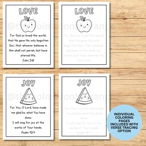 May include: Four black and white coloring pages with bible verses and illustrations of an apple, watermelon, and a heart. The text on the pages reads "Love", "Joy", "Love", and "Joy". The text on the pages includes bible verses: John 3:16, Psalm 92:4, John 3:16, and Psalm 92:4.